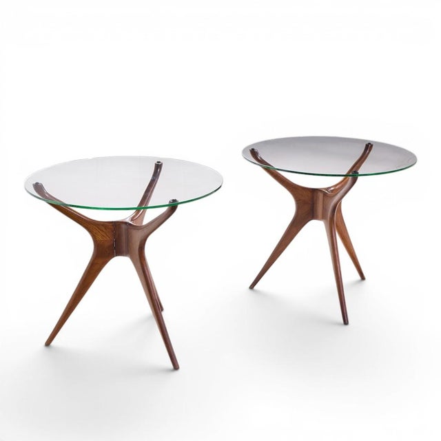 Vladimir Kagan for Dreyfuss Mid Century Walnut Tri-Symmetric Sculptural Side Tables - Pair Each side table measures: 26...