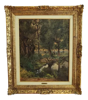 Jules Crosnier, Prairie aux environs de Genève, 1893, Watercolor & Gouache on Canvas, Framed