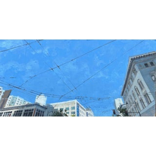 Connection by Stephanie Hartshorn | Oil on wood panel Cityscape with blue sky and buildings. For Sale