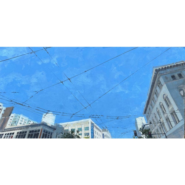 Connection by Stephanie Hartshorn | Oil on wood panel Cityscape with blue sky and buildings. For Sale