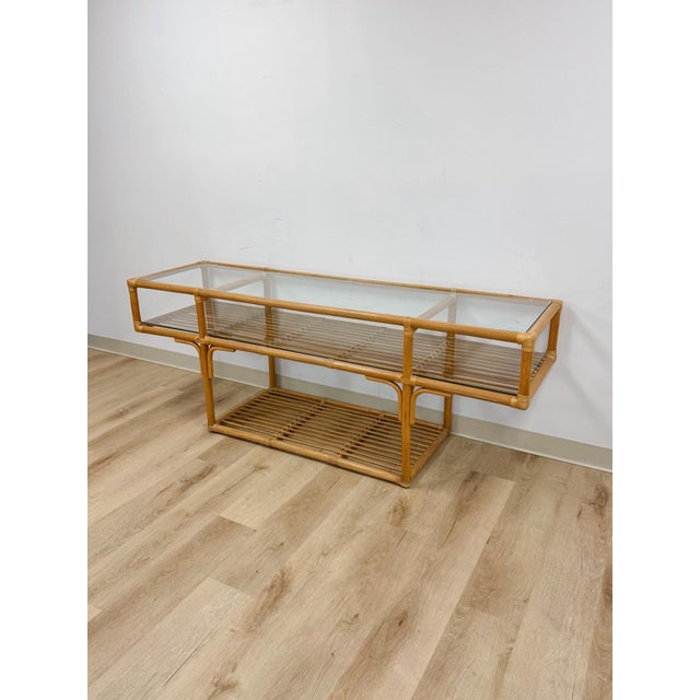 Hollywood Regency Vintage Console Table Rattan Two-Tier Glass Top Coastal Entryway Sofa Table Rare For Sale - Image 3 of 13