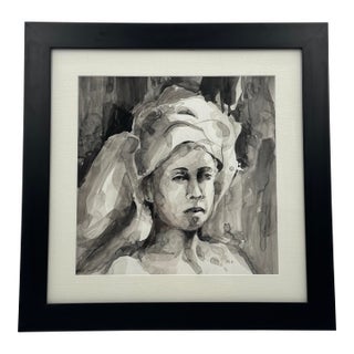 Original Monochrome Watercolor Portrait Framed Contemporary Figurative Painting For Sale