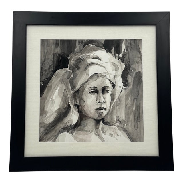 Original Monochrome Watercolor Portrait Framed Contemporary Figurative Painting For Sale