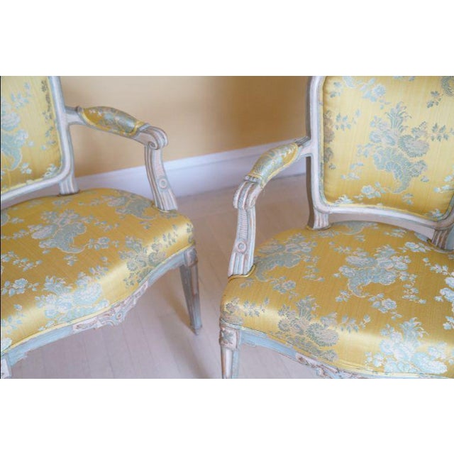 19th C. Louis XVI Style Silk Upholstered Painted Fauteuils - Set of 2 For Sale - Image 13 of 15