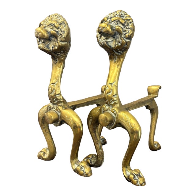 Antique English Brass Lion Andirons For Sale