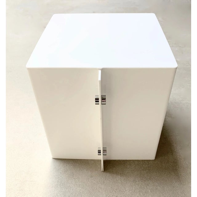 Vintage white acrylic side table with chrome details attributed to Neal Small. This is a versatile, minimalist piece that...