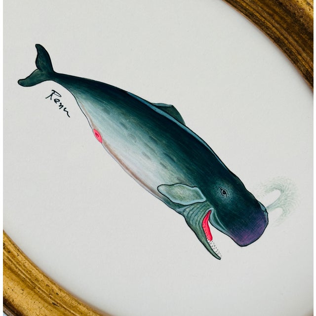 Nautical Original Handpainted Whale Painting in a Vintage Italian Oval Frame For Sale - Image 3 of 3