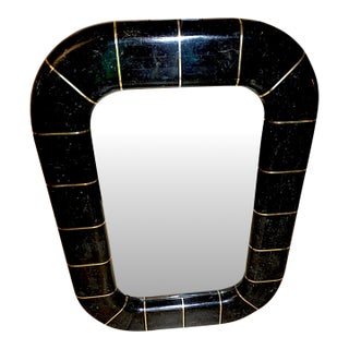 1980s Postmodern Tessellated Stone Wall Mirror Inlaid Brass Spokes Attrib. Maitland-Smith For Sale