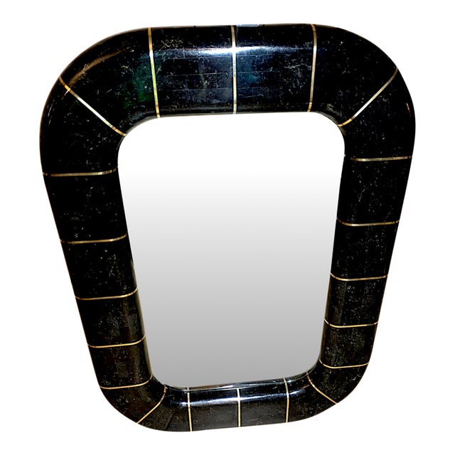 1980s Postmodern Tessellated Stone Wall Mirror Inlaid Brass Spokes Attrib. Maitland-Smith For Sale