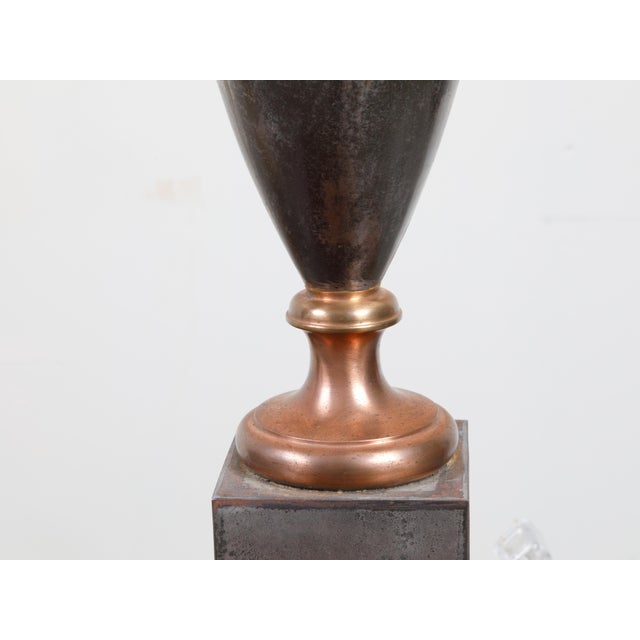 19th Century English Tôle Amphorae Shaped Table Lamps on Lucite Bases - a Pair For Sale - Image 9 of 12