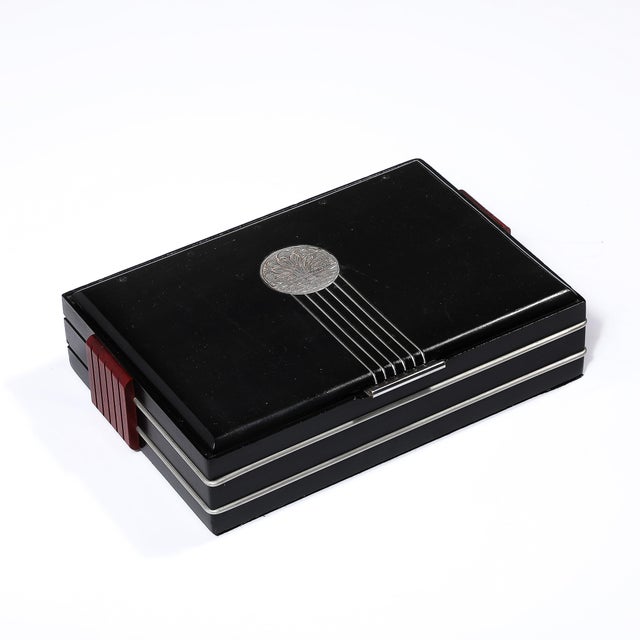 Art Deco Art Deco Machine Age Aluminum Silvered Crest Lacquered Box W/ Bakelite Handles For Sale - Image 3 of 12