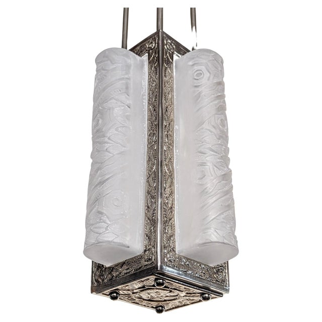 Metal French Art Deco Chandelier, Lantern by Schneider For Sale - Image 7 of 9