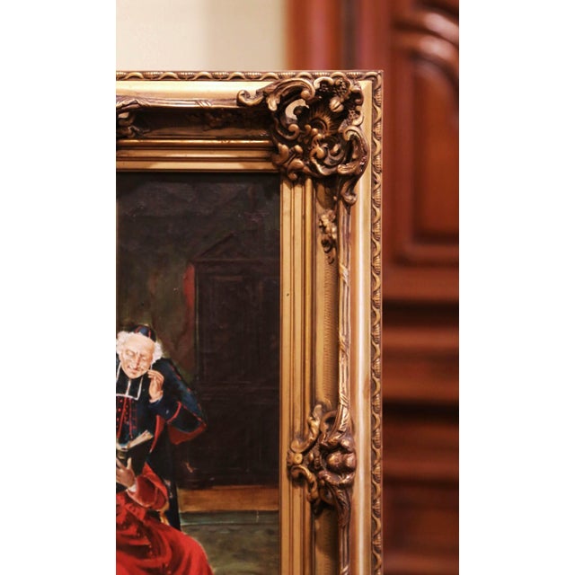 19th Century French Priest Oil Painting in Carved Giltwood Frame Signed M. Valle For Sale In Dallas - Image 6 of 9