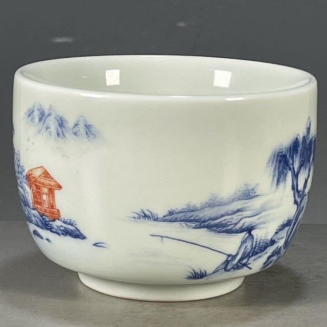 Chinese Late 20th Century Chinese Blue & White Porcelain Master Tea Cup With Landscape Scene For Sale - Image 3 of 9