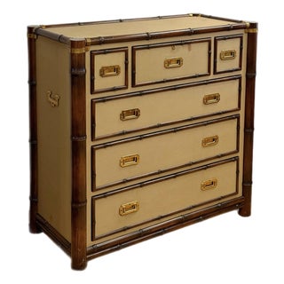 1992 Rare Ralph Lauren Cameron Canvas Faux Bamboo Brass Campaign Chest of Drawer For Sale