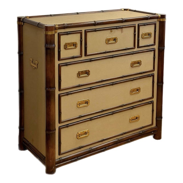 1992 Rare Ralph Lauren Cameron Canvas Faux Bamboo Brass Campaign Chest of Drawer For Sale