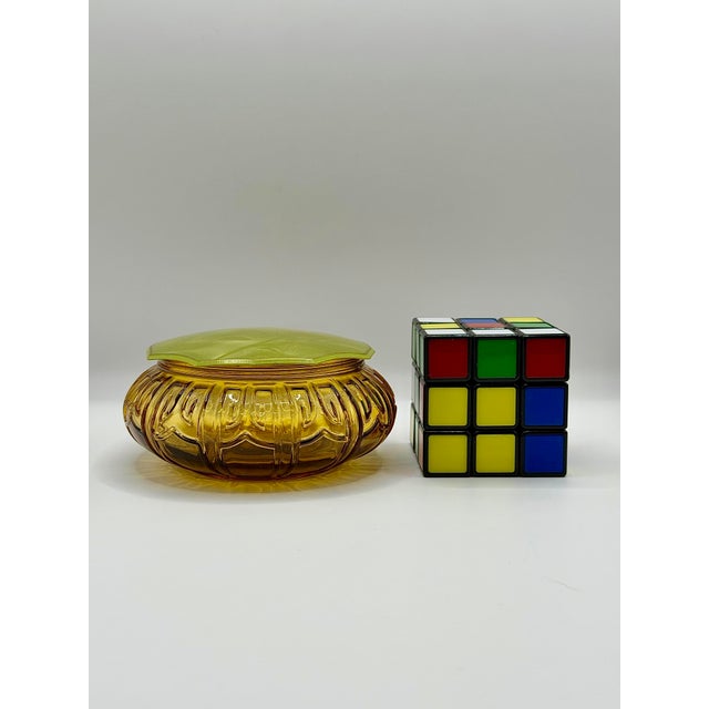 Vintage Amber Glass Vanity Jar With Green Bakelite Style Lid For Sale - Image 4 of 5