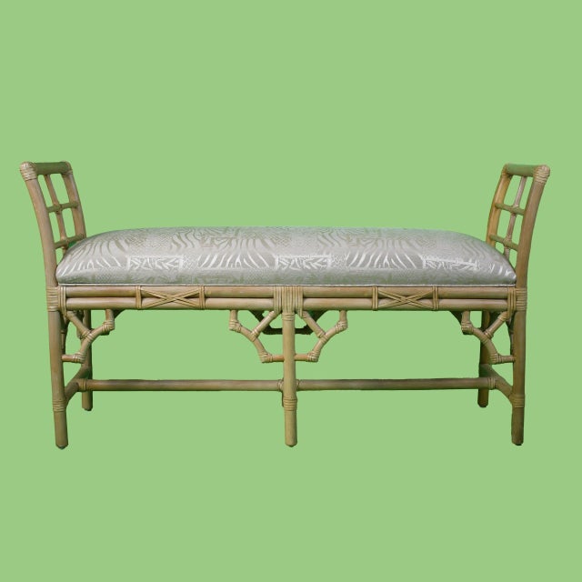 Coastal Upholstered Fretwork Rattan Bench For Sale - Image 3 of 5