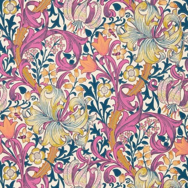 Morris & Co Golden Lily Wallpaper in Pink Fizz For Sale