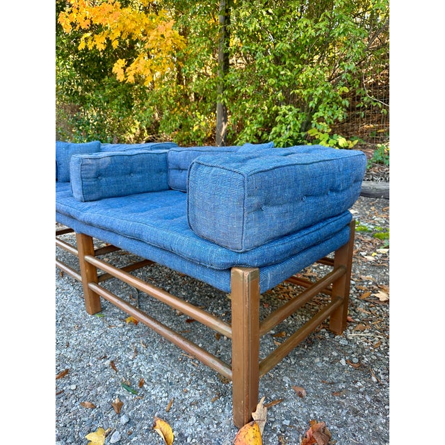Pair of Mid-Century Modern Pine Frame Benches/Daybeds With Blue Upholstery For Sale - Image 4 of 8