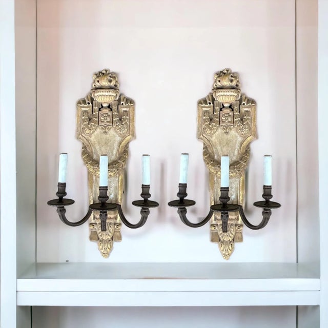 Neo-Classical Style Carved Wood Sconces W/ Urns & Draping Laurel Garland Foliate - Pair For Sale In Atlanta - Image 6 of 7