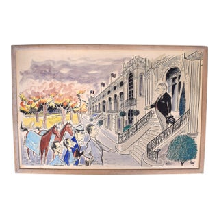 Cornelius Vanderbilt (c.v.) "Sonny" Whitney at the Prestigious Prix De l'Arc De Triomphe at Longchamp Watercolor by Pierre Bellocq Aka "Peb" For Sale