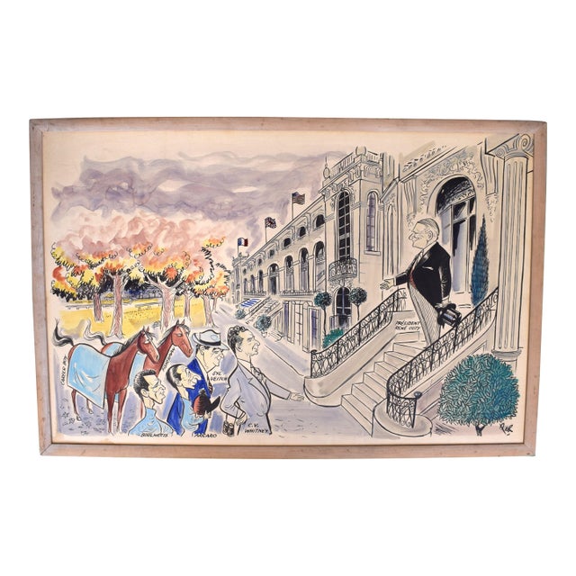Cornelius Vanderbilt (c.v.) "Sonny" Whitney at the Prestigious Prix De l'Arc De Triomphe at Longchamp Watercolor by Pierre Bellocq Aka "Peb" For Sale