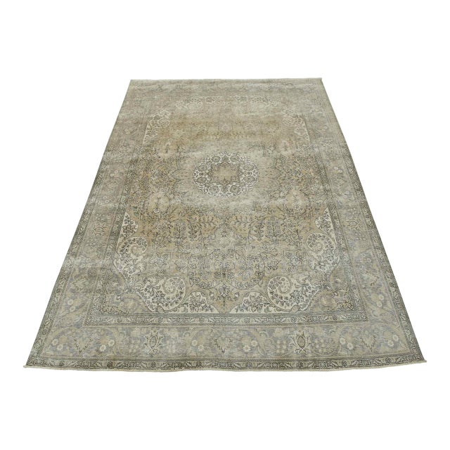 Tabriz Rug 10’1” X 12’11” Beige Wool Vintage Distressed Hand-Knotted Carpet For Sale