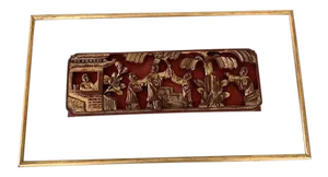 Antique Chinese Red and Gilt Qing Dynasty Wall Plaque Framed on Gilded Edge Lucite.