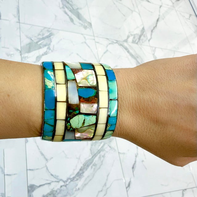 Silver Vintage Neiman Marcus 925 Turquoise Mother of Pearl Abalone Shell Cuff Bracelet For Sale - Image 8 of 8