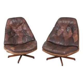 Pair 1960s Patchwork Leather Swivel Lounge Chairs Attributed to Madsen and Schubell For Sale