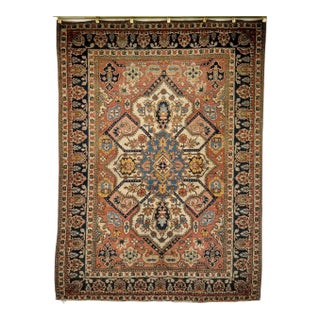 Vintage Persian Tabriz Area Rug, Handwoven Heriz Serapi Geometric Pattern, Ivory & Red, 5’ X 6’ For Sale