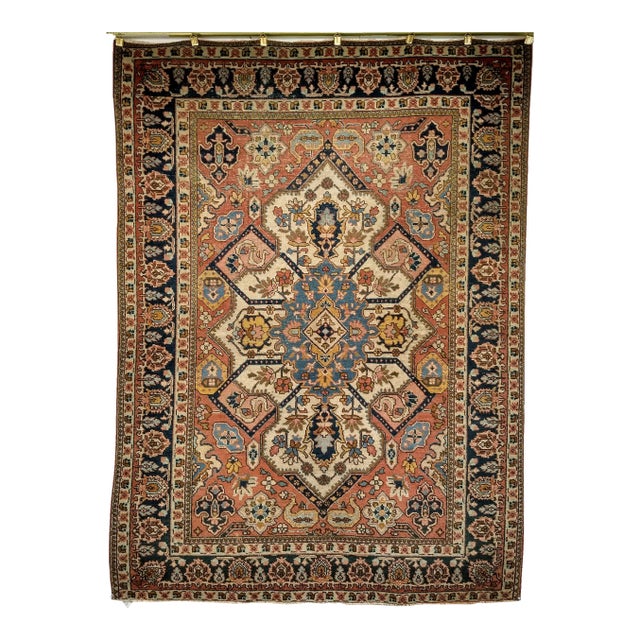 Vintage Persian Tabriz Area Rug, Handwoven Heriz Serapi Geometric Pattern, Ivory & Red, 5’ X 6’ For Sale