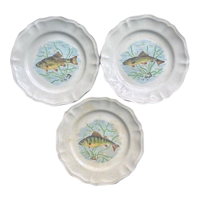 Mid-Century Sarreguemines Indre French Faience Fish Plates, Set of 3 For Sale