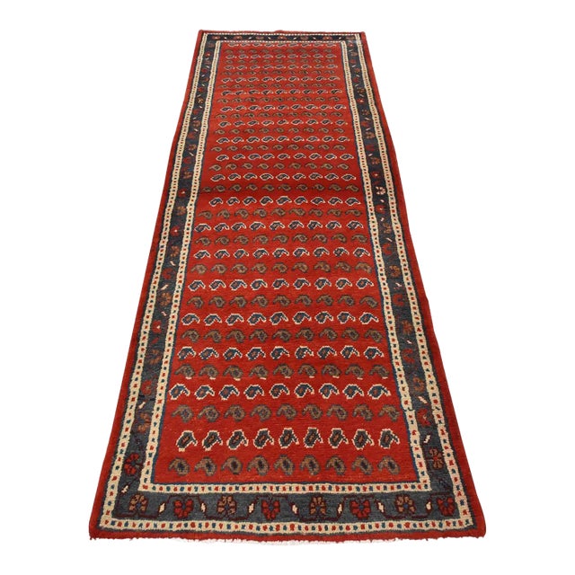 Mahal Runner 3’9” X 10′ Red Wool Vintage Tribal Hand-Knotted Oriental Rug For Sale