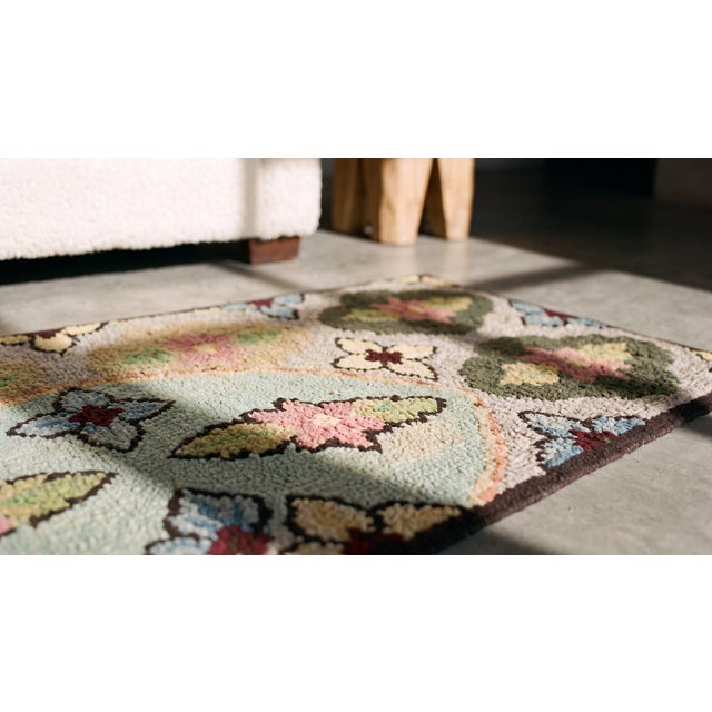 Textile Wonderful Tan Beige Color With Flowery and Oval Patters Desing Antique American Hooked Rug For Sale - Image 7 of 9
