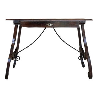 Spanish 1880s Walnut Side Table or Lady Desk, Lyre Legs and Iron Stretcher For Sale