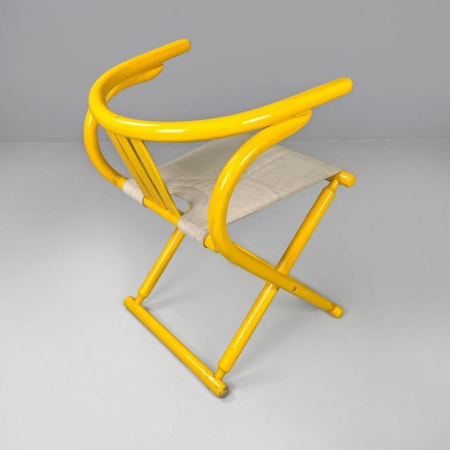 Italian Postmodern Folding Tub Chair in Yellow Wood and Beige Fabric, 1980s For Sale - Image 4 of 18