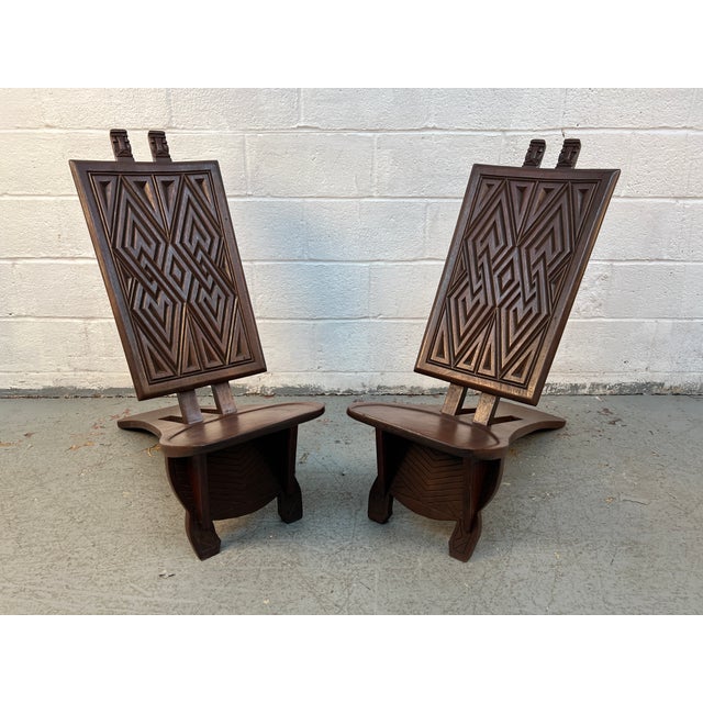 Mid 20th Century Mid 20th Century Pair of Geometric Carved Low Slung Tribal Palaver Chief Chairs For Sale - Image 5 of 13