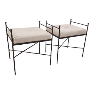 Hand Forged Wrought Iron Upholtered Benches by Run Run Studio - A Pair For Sale