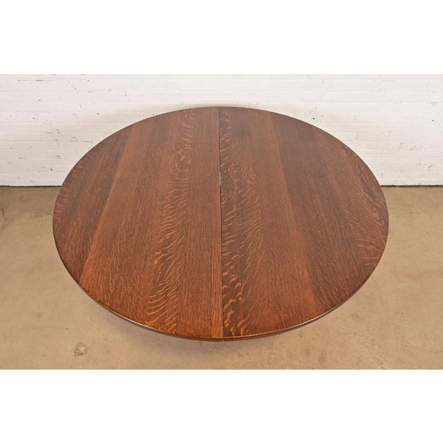 Early 20th Century Limbert Antique Mission Oak Arts & Crafts Pedestal Extension Dining Table, Newly Refinished For Sale - Image 5 of 14