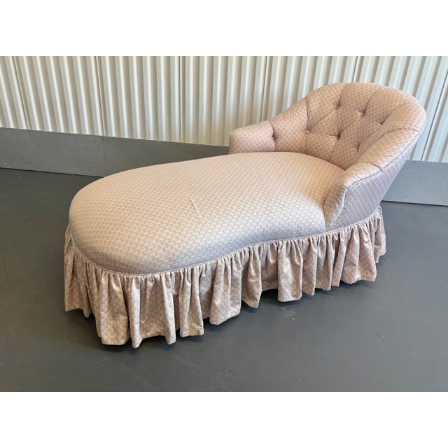 Shabby Chic Vintage Custom Upholstered Chaise Lounge With Ruffled Skirt For Sale - Image 3 of 11