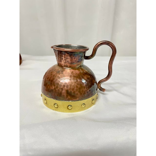1930s Antique Hammered Copper and Brass Jug With Curved Handle For Sale - Image 5 of 5