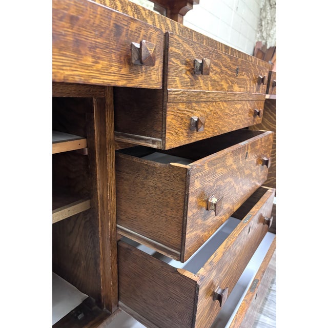 Antique American Mission Arts & Crafts Tiger Oak Sideboard Buffet Console For Sale In Kansas City - Image 6 of 13