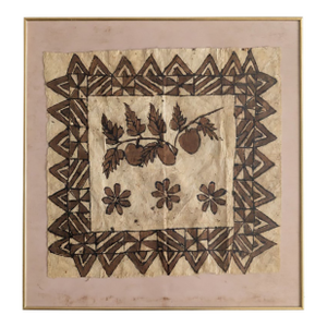 Vintage Framed Pacific Island Tapa Cloth | Hand-Stenciled Geometric Bark Cloth With Fruit & Floral Motif