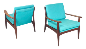 Set of European Mid-Century Modern Armchairs in Light Blue Fabric and Wood, 1960s