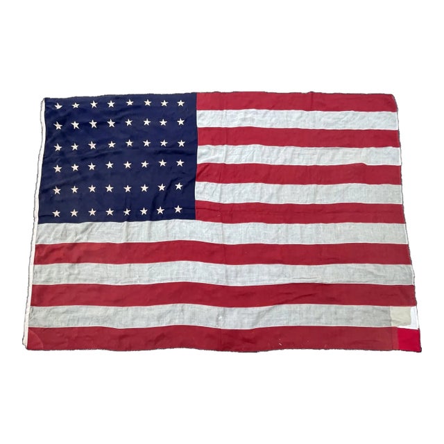 Large Antique American Flag 48 Star Wool With Sewn Stars and Stripes With Wonderful Old Repairs Rare. 12x8’ For Sale