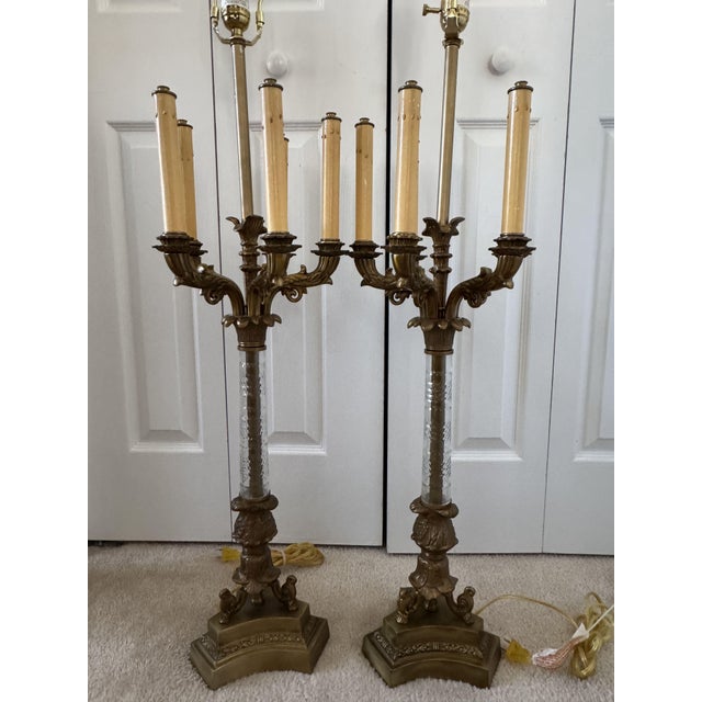 Mid 20th Century French Empire Gilt Bronze 5-Light Candelabra Lamps W/John Richard Shades For Sale - Image 6 of 18