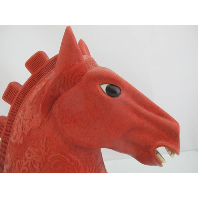 Chinese Cinnabar Lacquer Horse Head Carved Phoenix Bird Sculpture Box For Sale - Image 4 of 15