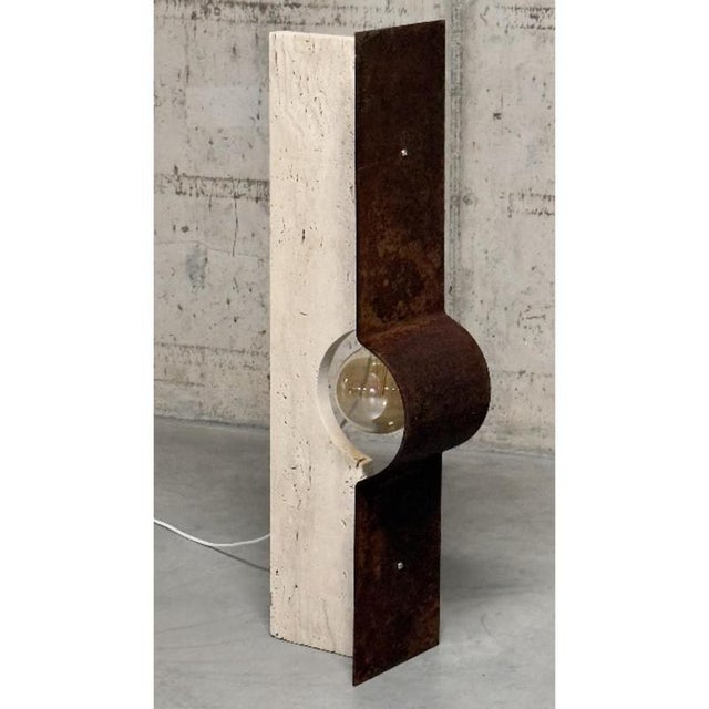 Oculus ox floor lamp in rough iron & travertine by d´ark atelier limited edition of 5 pieces dimensions: d 30 x w 30 x h...